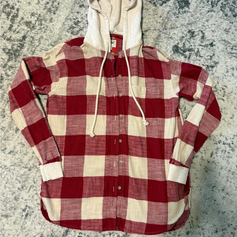 American Eagle Red White Plaid Hooded Button Down Shirt XS Cotton Check Flannel - Picture 3 of 6